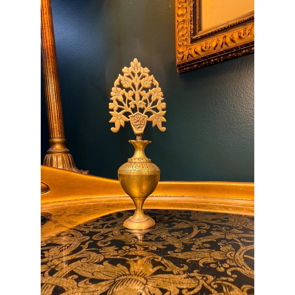 Antique Brass Kohl Pot‎ with Tree-of-Life Stopper – 5.75"